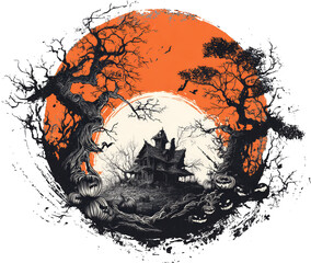 Spooky haunted house in scary dark forest with an orange halloween moon