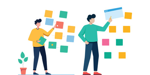 Creative Marketer Planning Strategy on Sticky Notes Board – Business Strategy, Brainstorming Ideas, Project Planning, Office Workflow, Modern Marketing Concept Vector Illustration