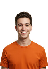 A young caucasian man in his early 20s with short dark brown hair, wearing an orange crew-neck t-shirt, smiling cheerfully, front view, on a clean transparent studio background with copy space,
