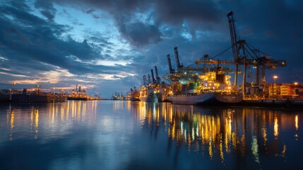 Fototapeta premium Port at dusk, cranes, ships, cargo