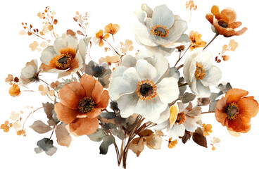 Elegant white orange flower bouquet watercolor illustration with delicate feeling