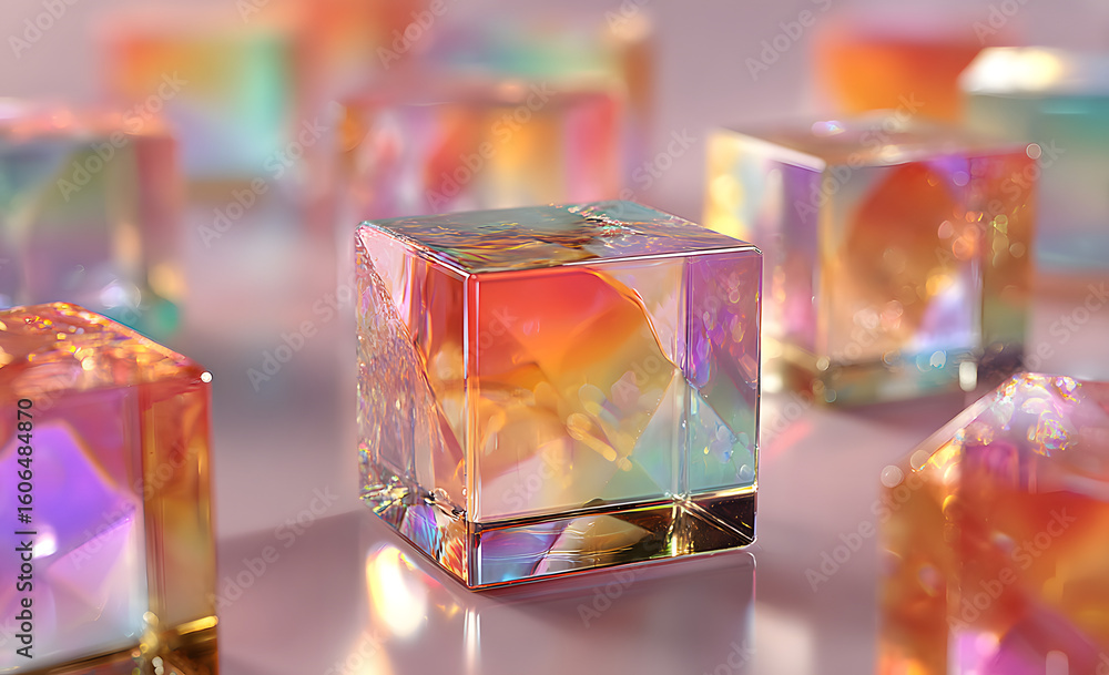 Aufkleber 3d glass holographic transparent square plate shapes on pastel macro background. abstract geometric 