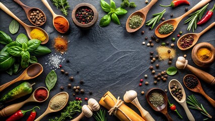 Various spices and herbs are arranged on a dark slate background