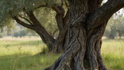 Gnarled texture of olive tree. Olive tree bark close-up. Unique olive tree appearance. Stunning details of olive tree wood.