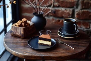 A rustic wooden table near a window holds a slice of layered chocolate cake, a cup of coffee, a small bowl of cookies, and a vase of branches. Dark, moody tones dominate