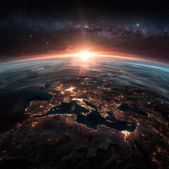 Naklejka premium Earth's sunrise over Europe, detailed view from space, with city lights
