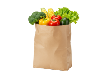 Robust brown paper grocery bag overflowing with vibrant fresh produce: broccoli, corn, lettuce, red peppers, tomatoes, avocado, on a transparent studio background with copy space. Concept of healthy