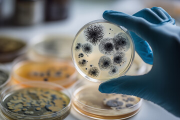 Gloved hand holding petri dish with mold