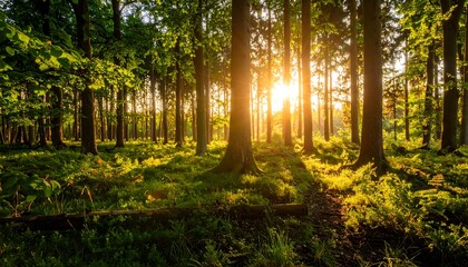 Lush forest bathed in golden sunlight