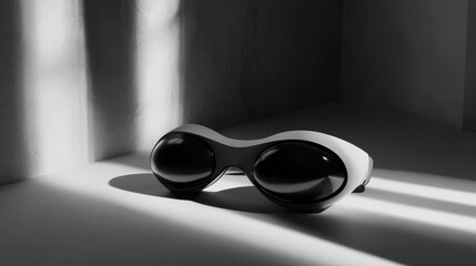 Stylish black and white eye mask resting on a surface.