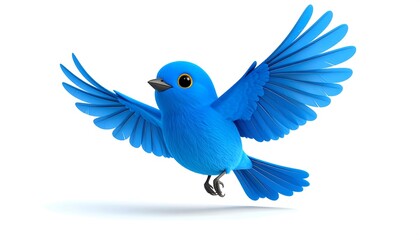 Blue bird in flight against white background