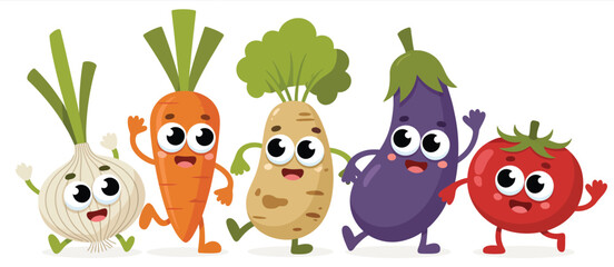 Happy cartoon vegetables dancing and waving together