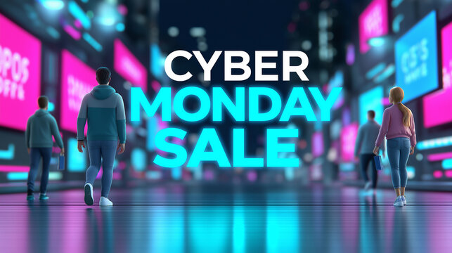 Cyber Monday Sale in a High-Tech Virtual Environment Featuring Neon Lights, Floating Discount Tags, Holograms, and Diverse Shoppers Using Touchscreens and Augmented Reality Interfaces

