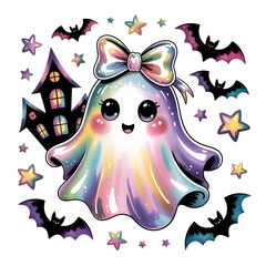 Adorable Watercolor Ghost with Bats and Spooky House