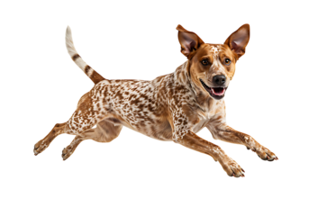 Energetic Australian Cattle Dog with unique speckled coat leaps dynamically, capturing pure joy and movement for pet-related projects and advertising.