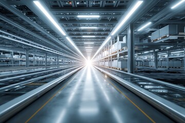 Robotic Drones Organizing Stock Items On High Shelves With Laser-Guided Accuracy. The Space Has A Grid Of Rails And Clear Navigation Paths. Bright Ambient Light And Sharp C