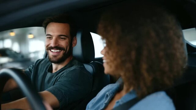 Happy couple sitting in the front seats of a new car, getting a feel for the vehicle. The man is at the wheel while the woman looks around, both evaluating the interior space and