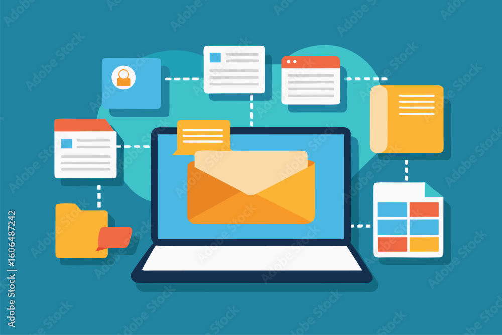 Poster sending and organizing email attachments with a laptop and document files