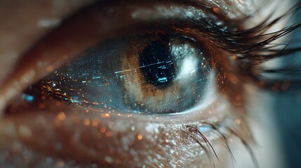 Macro close-up of a futuristic human eye with digital data reflections and glitter, representing augmented reality and cybernetic vision.