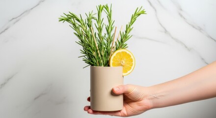 A hand holds a pot of fresh rosemary with a lemon slice, suggesting a refreshing beverage or culinary delight