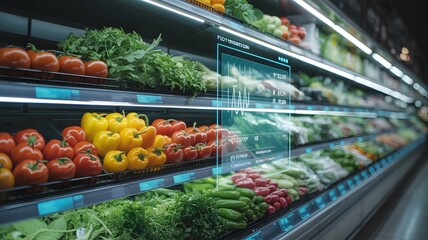 Fresh produce display with futuristic digital interface in grocery store supermarket vegetables