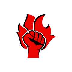 Fist and fire emblem isolated. Hand clenched power strength icon symbol. Vector illustration