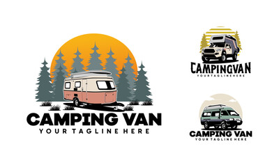 Set of RV camper van classic style logo vector illustration, Perfect for RV with pine forest