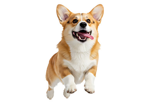 Joyful Pembroke Welsh Corgi in mid-air leap, panting happily with tongue out, perfect for pet advertising, lifestyle blogs, and cheerful designs.