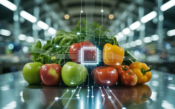 Fresh produce with digital circuit overlay and central processor technology food image