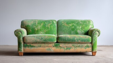 Moldy Couch Covered with Green Spots on Concrete Floor in an Abandoned Room