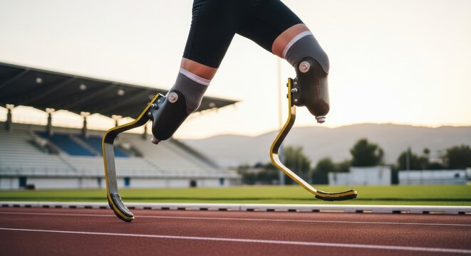 An athlete with prosthetic legs races on a track at sunset
