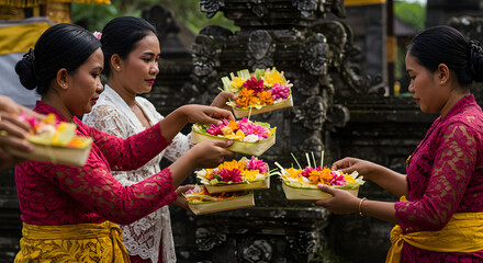 Three Balinese women in traditional attire pass floral offerings during a religious ceremony.