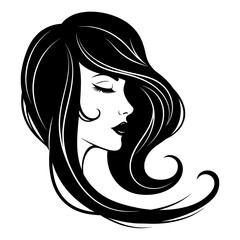 girl with long hair vector icon, Illustration of a woman with long flowing hair in a black and white design