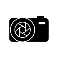 photo camera icon vector , A black and white camera icon with a lens aperture design on the front side