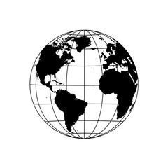 world map with globe vector icon, Illustration of a world globe with continents shown in black silhouette form