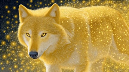 Mystical Golden Wolf Surrounded by Glowing Golden Particles in an Ethereal Setting