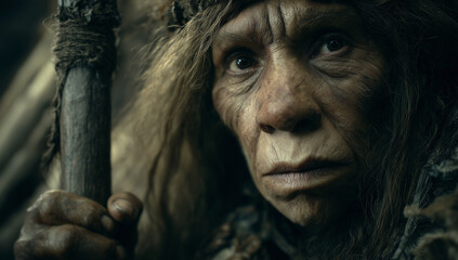 Close-up of a Neanderthal woman's face
