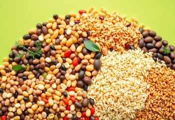 A vibrant mix of whole grains and legumes, including lentils, quinoa, rice, and barley, artfully arranged against a fresh green backdrop,  vegan,  diet