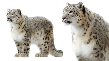 Snow leopard couple standing and sitting with spotted fur isolated, transparent background
