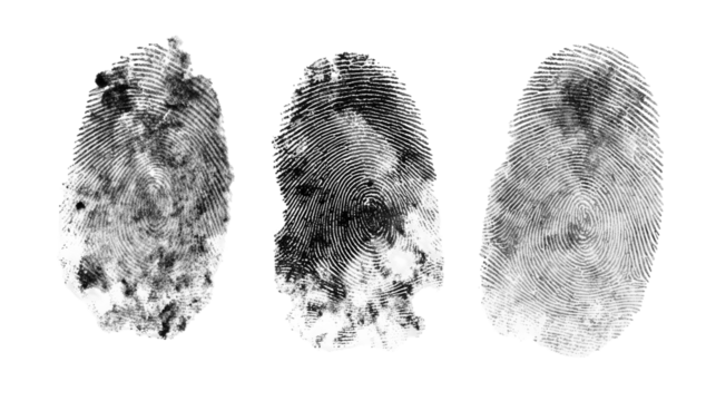 Three black and white fingerprints with unique patterns isolated, transparent background