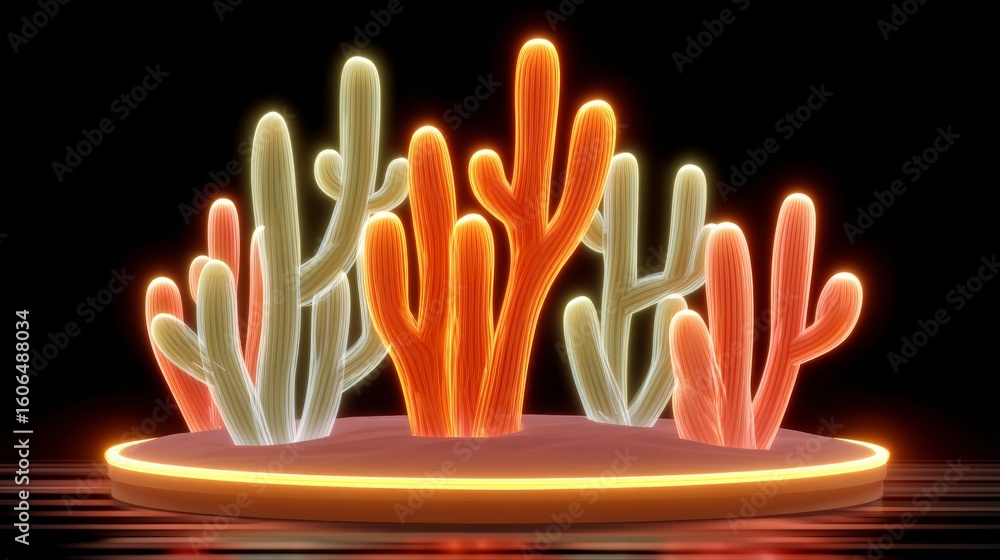 Poster neon cacti with glowing spines on reflective surface creating a surreal desert ambiance