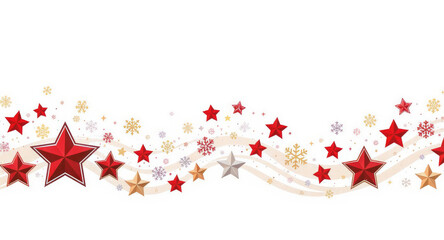 Festive decorative border with red stars and snowflakes on white isolated, transparent background