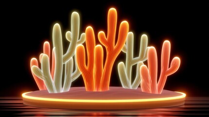 Neon Cacti with Glowing Spines on Reflective Surface Creating a Surreal Desert Ambiance