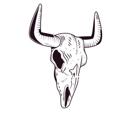 Illustration of buffalo skull in monochrome style. Design element for label, sign, emblem. Vector illustration