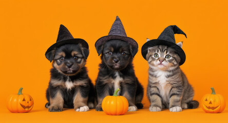 Three small puppies and kitten wearing witch hats with pumpkins isolated, transparent background