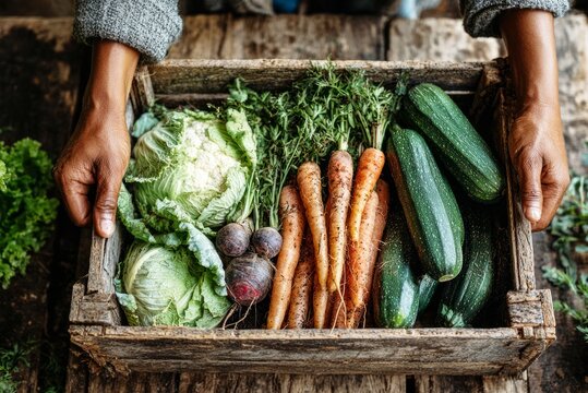 Farmer holding freshly picked vegetables in wooden crate - Powered by Adobe
