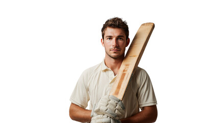 Young cricket player holding wooden bat with confident isolated, transparent background