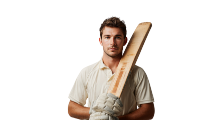 Young cricket player holding wooden bat with confident isolated, transparent background