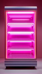 Neon Lit Display Case with Empty Shelves Glowing in Pink Light