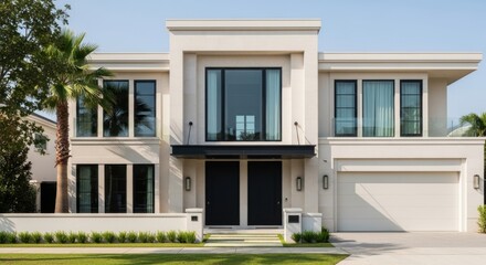 A modern luxury home with a clean facade, large windows, and a palm tree